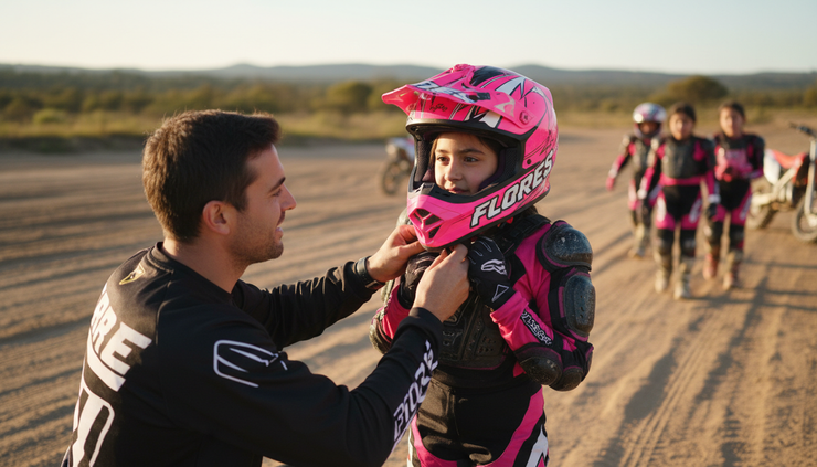 Primer plano de una instructora ajustando el casco de una alumna antes de una clase individual de motocross.