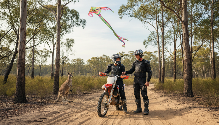 Wide-angle view of a Chinese beginner rider learning motocross in Pinjar forest.