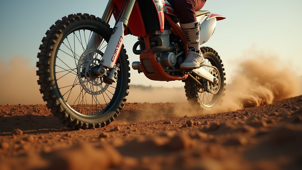 Close-up view of motocross bike tires on a dirt track with dust flying