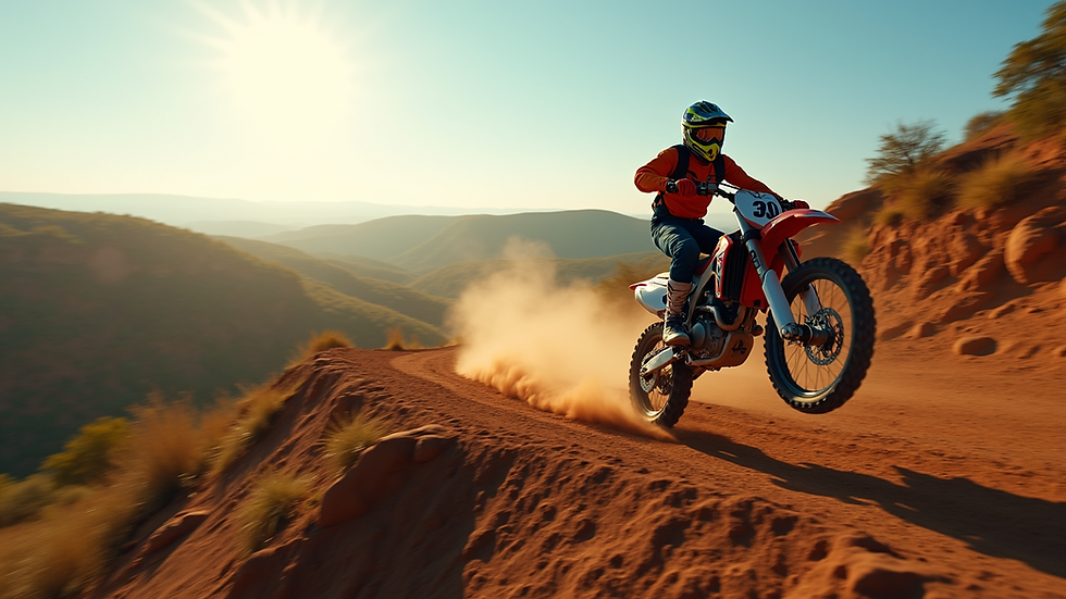 Wide angle view of a motocross rider jumping over a dirt hill with bushland in the background