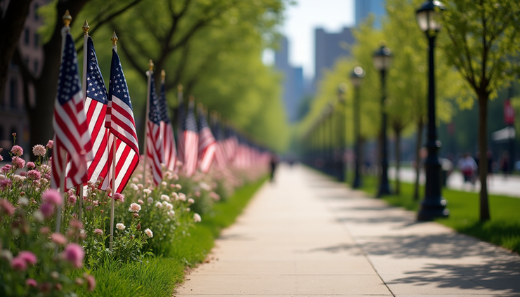 Eye-level view of Chicago’s lakefront park during the day with American flags lining the walkway