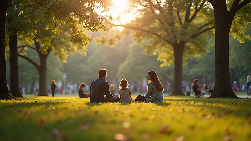 Eye-level view of a serene park scene with people enjoying their time together
