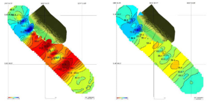 Figure 16: Left-seabed hardness 6th July 2013. Right-seabed hardness 6th September 2013