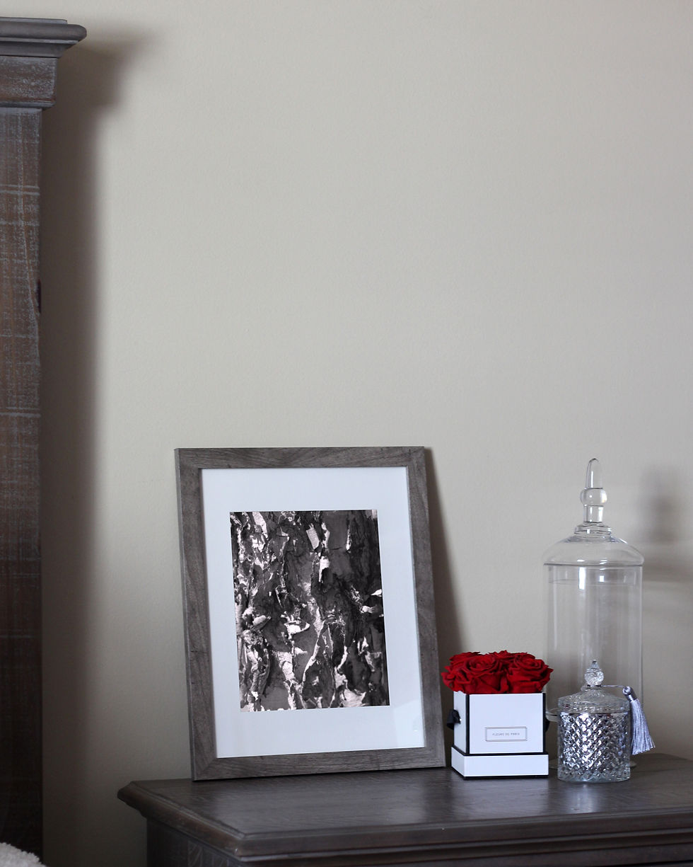 contrasts in light grey frame on dresser