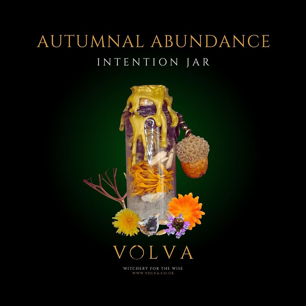 An Autumnal Abundance Intention Jar filled and imbued with seasonal magic, stones and herbs sealed with gold wax and gift boxed