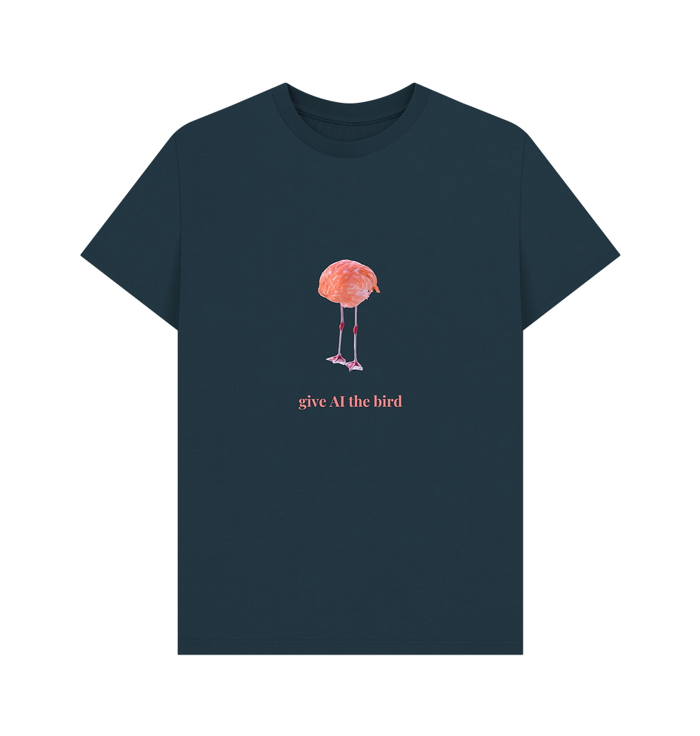 Thumbnail: F L A M I N G O N E · men's organic cotton t-shirt with text: give AI the bird