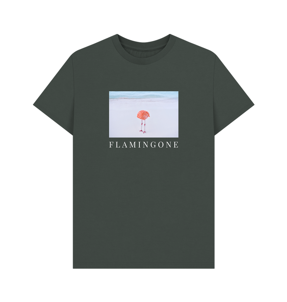 Thumbnail: F L A M I N G O N E · men's organic cotton t-shirt · photo and text