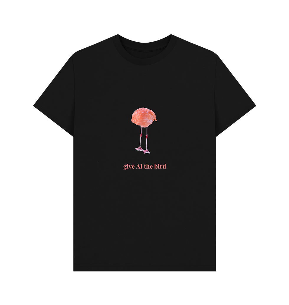 Thumbnail: F L A M I N G O N E · men's organic cotton t-shirt with text: give AI the bird