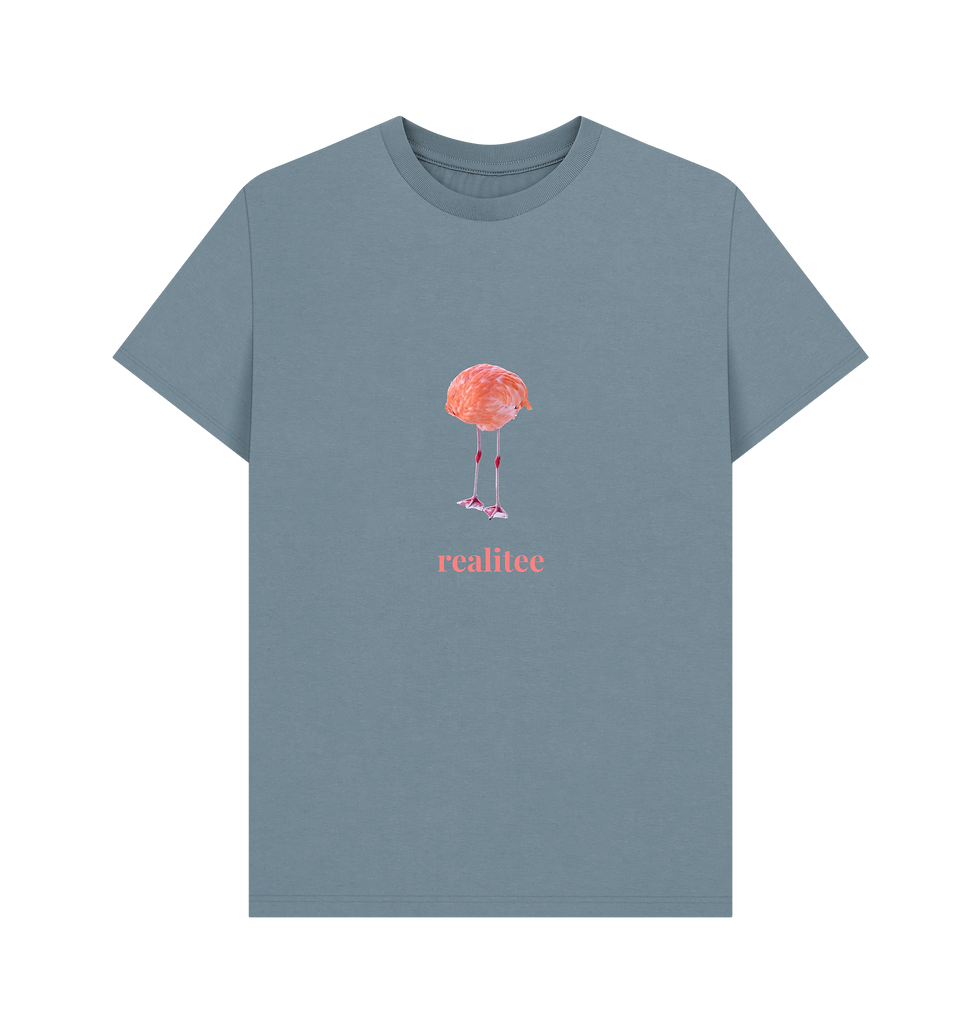Thumbnail: F L A M I N G O N E · men's organic cotton t-shirt with text: realitee