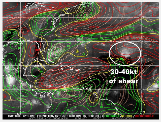 Current analysis of wind shear across the Atlantic showing 30-40 knots of shear over Florence