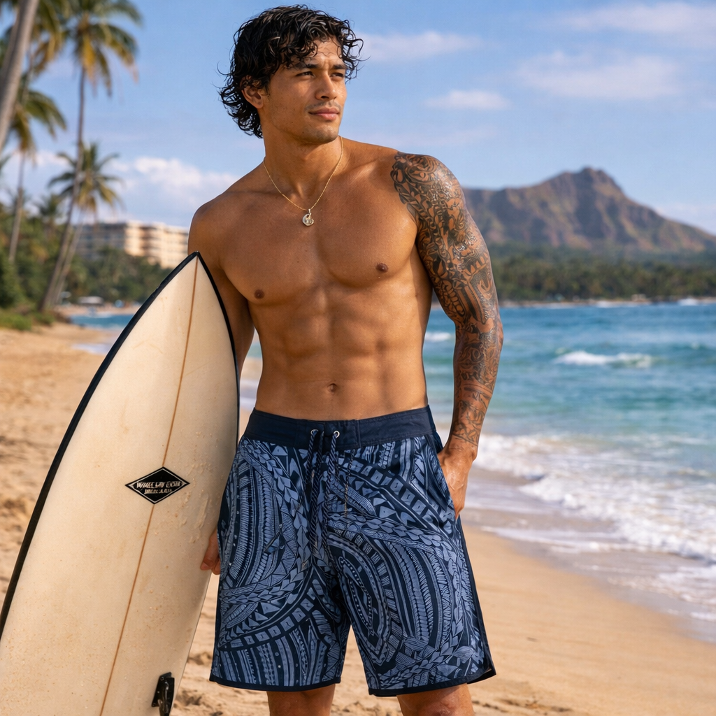 MEN 4 WAY STRETCH BOARD SHORT STYLE#XC25-37 "NAVY TRIBAL"