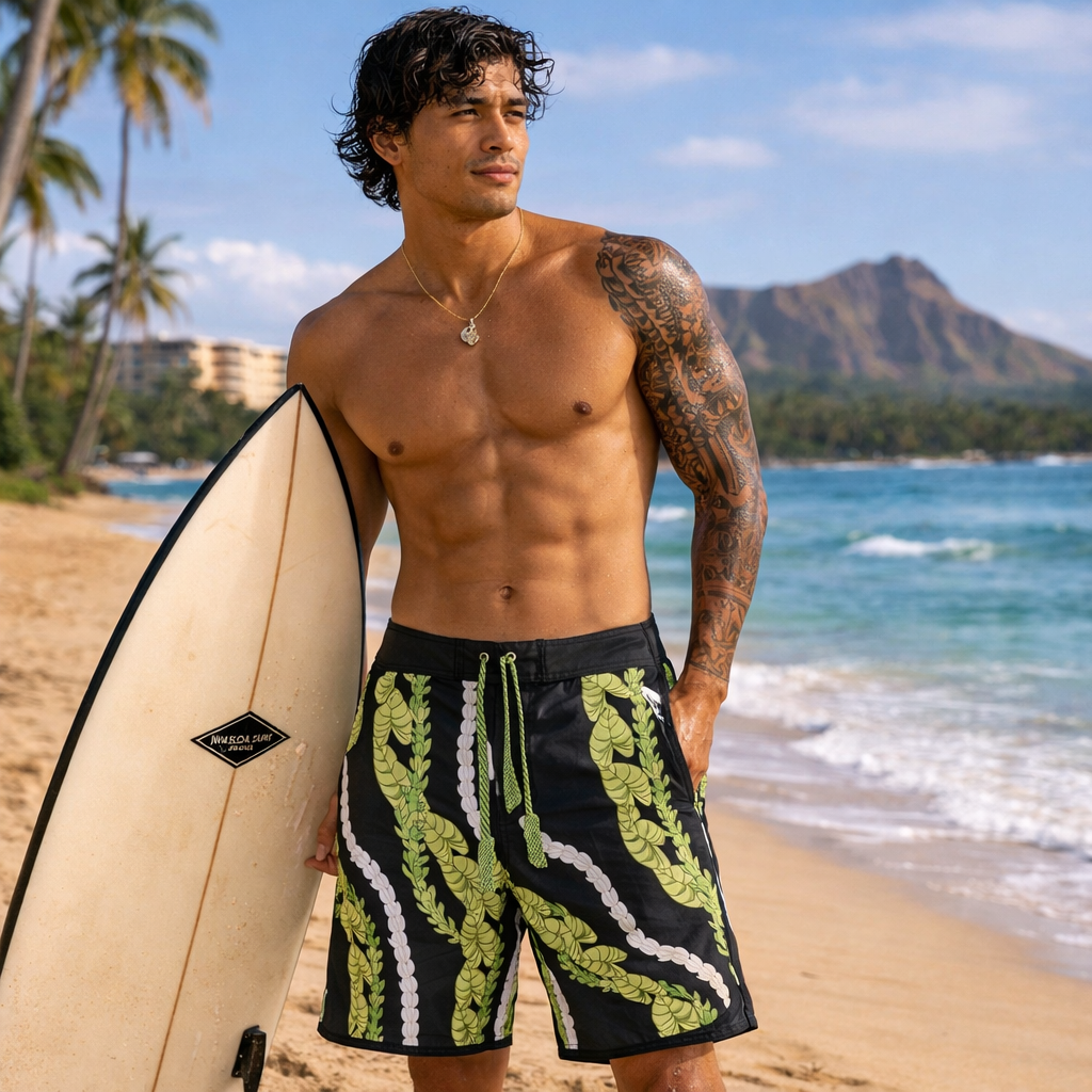MEN 4 WAY STRETCH BOARD SHORT STYLE#XC25-41 "BLACK KALO/PIKAKE LEI"