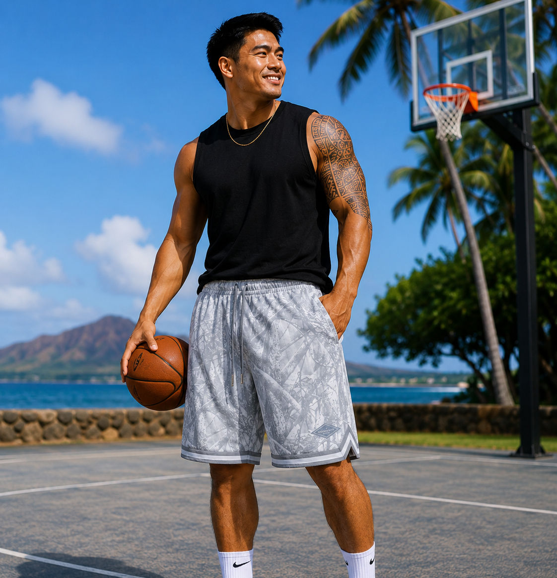 MEN 4 WAY STRETCH BASKETBALL SHORT "STYLE#BBS-6" LIGHT GREY FOREST CAMO"