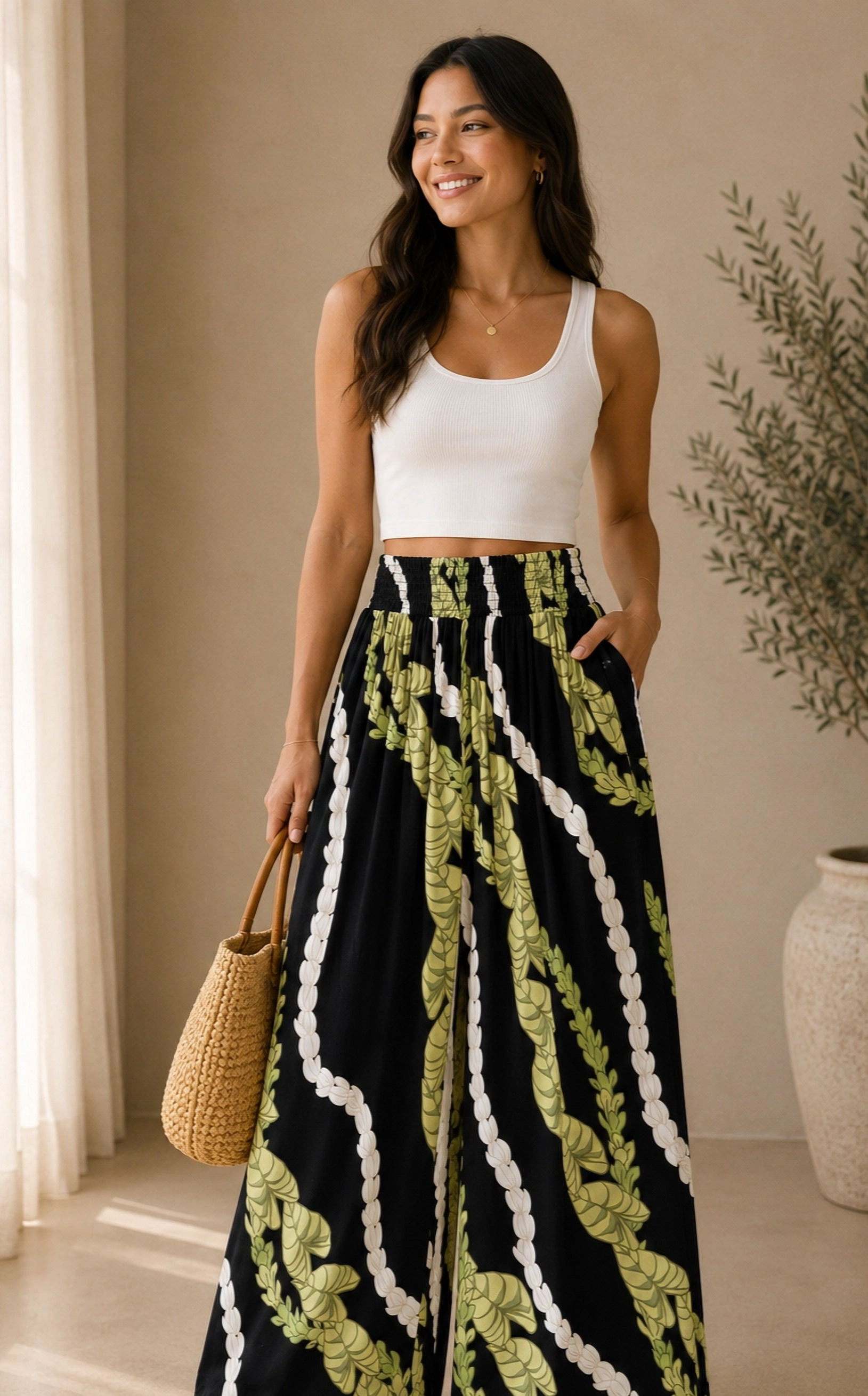 Long Lady Rayon Smock Waist Pant Style#RLP25-6 "BLACK KALO/PIKAKE LEI"