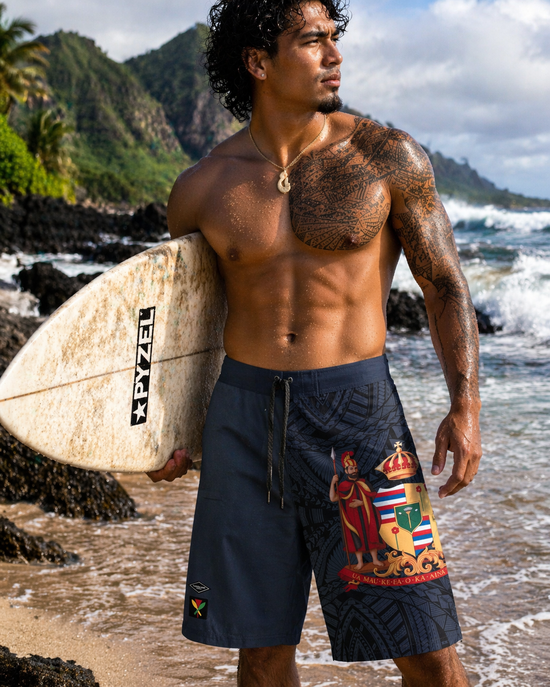 MEN 4 WAY STRETCH BOARD SHORT STYLE#XC25-54 "HAWAII/COAT OF ARMS"