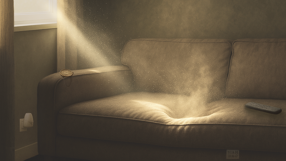 Sunlight catching dust particles above a fabric sofa, illustrating the unseen presence of airborne matter and indoor air quality in healthy home design.
