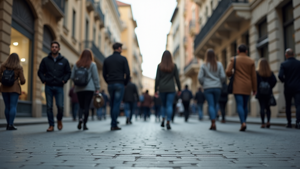Eye-level view of a bustling European city street with diverse professionals