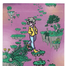 A person with a yellow bomber jacket, jeans, and yellow converse shoes is walking on chunks of disconnected floating islands cover in grass and other various foliage in a purple spacey sky.