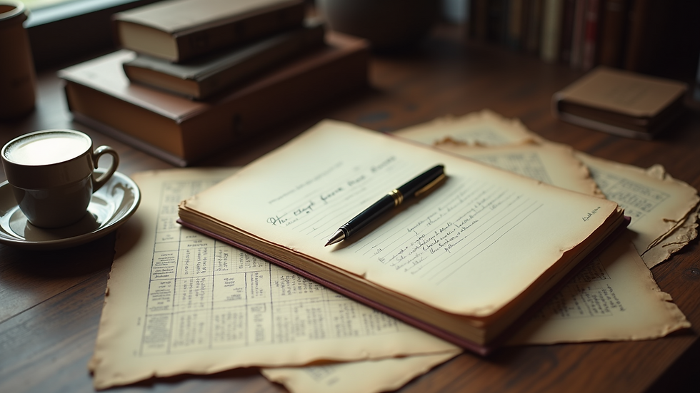 High angle view of a desk with a notebook, pen, and historical documents
