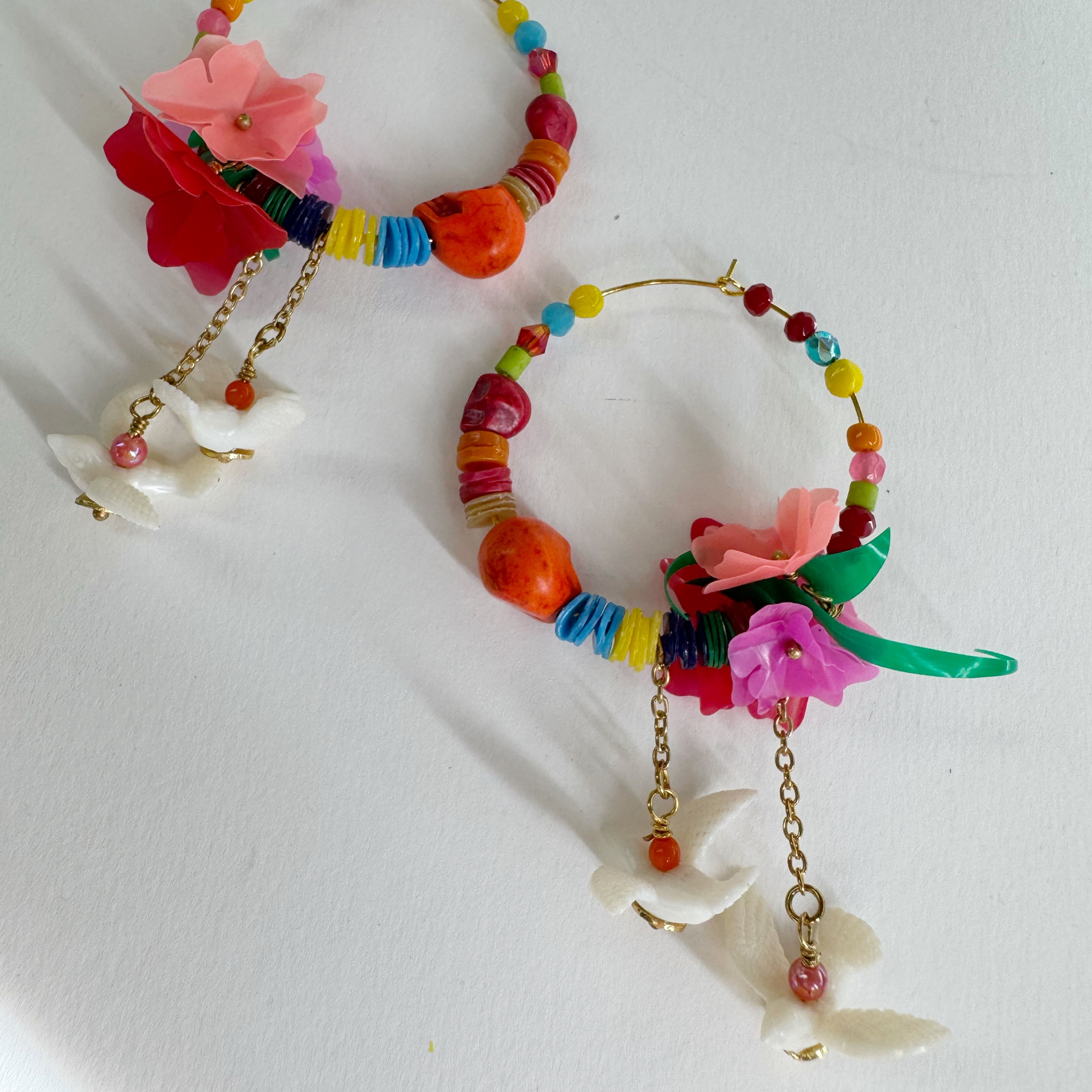 Skull Birds and Flowers Beaded Gold 45mm Hoop Earrings