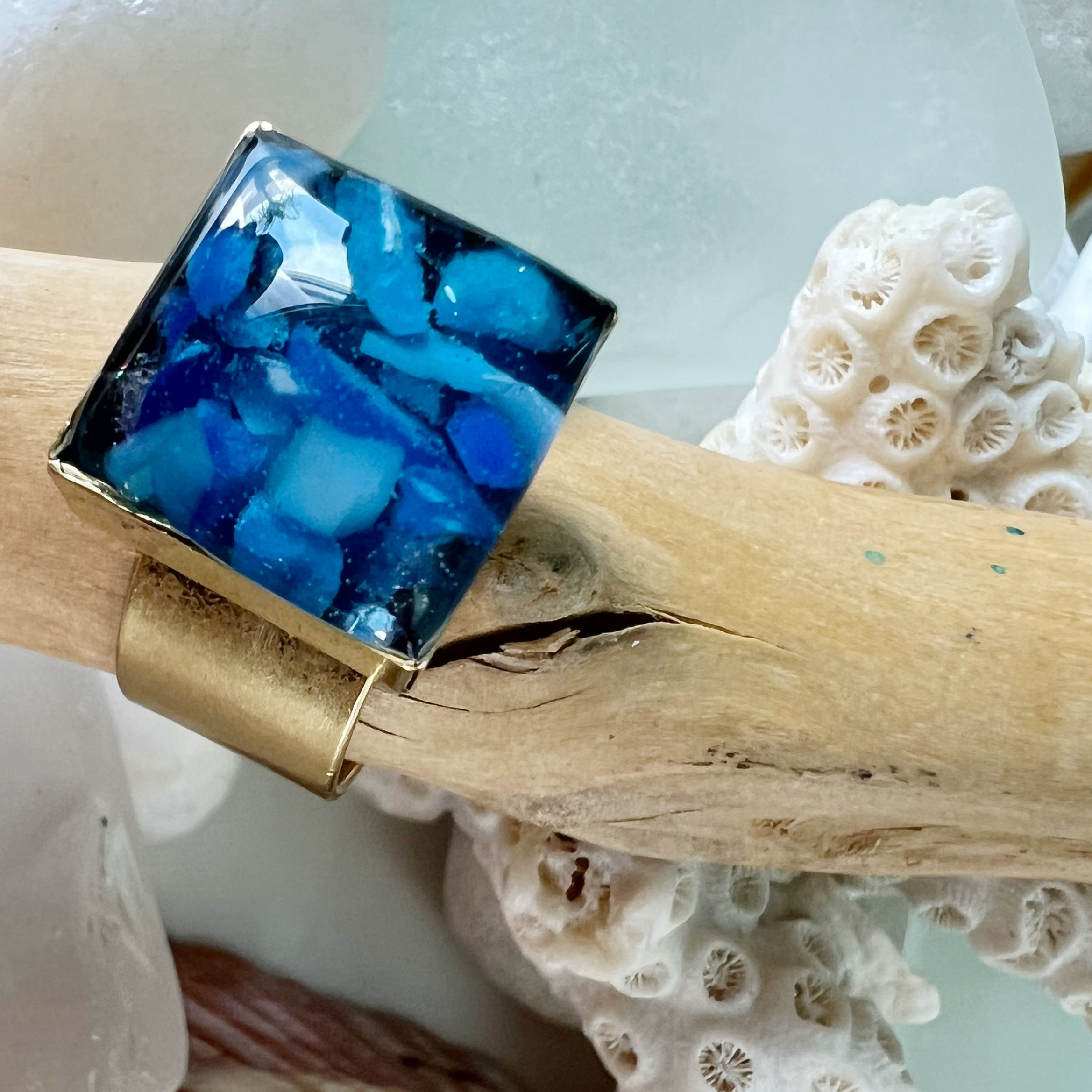 Deep Ocean Blue Chonky Trashy Adjustable Cocktail Ring in Gold