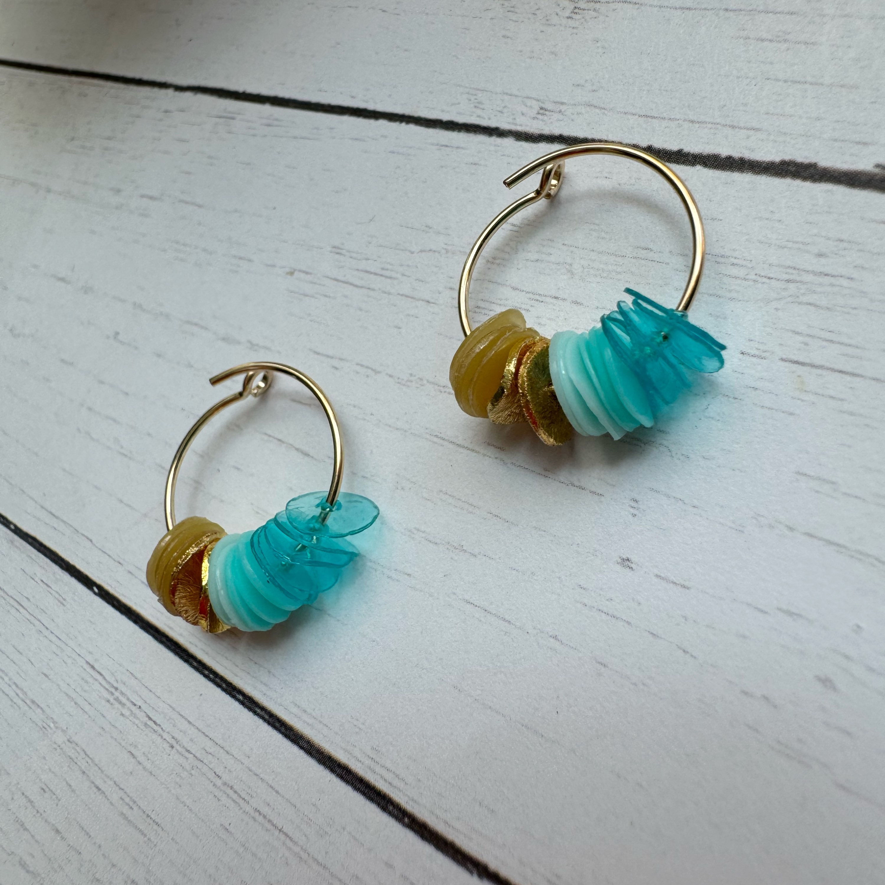 Delicate Gold and Blue Sandbar Ocean Inspired Tiny Hoop Earrings (E292)