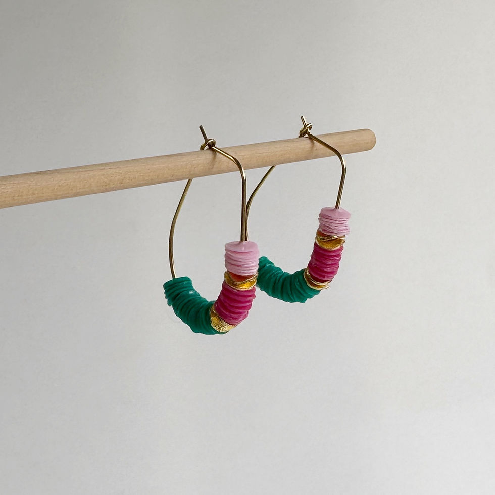 Thumbnail: Marcy - Beaded Recycled Trash Plastic Gold Oval Hoops