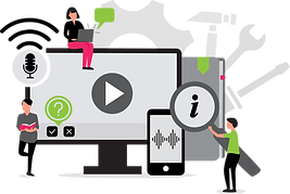 A computer screen, a manual and a phone, with 3 people