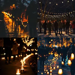 Menschen halten Kerzen bei einer Lichterkette in der Nacht.