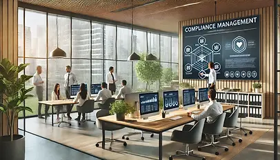  Eine Person zeigt auf einen großen Bildschirm, der eine komplexe Compliance-Management-Software-Oberfläche anzeigt.