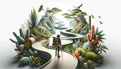 Abenteuerreisegruppe in wilder Natur, Sicherheitsausrüstung sichtbar, Respekt für Umwelt erkennbar