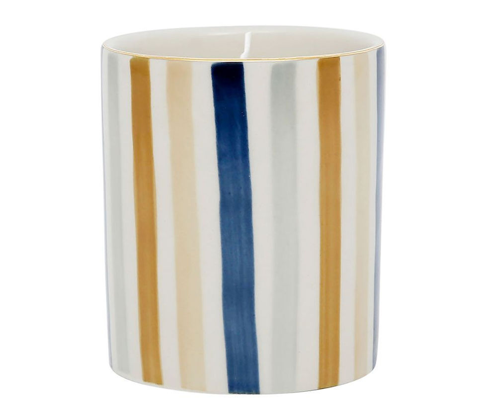 Bougie rayée bleu beige ocre, parfumée senteur Blue Sand sema design