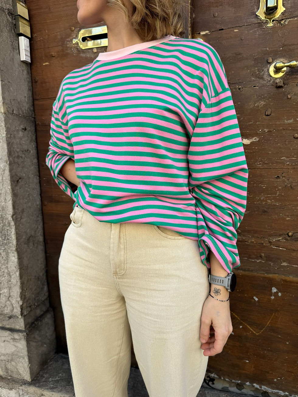 T-shirt original femme manches longues rayé vert et rose, Manon