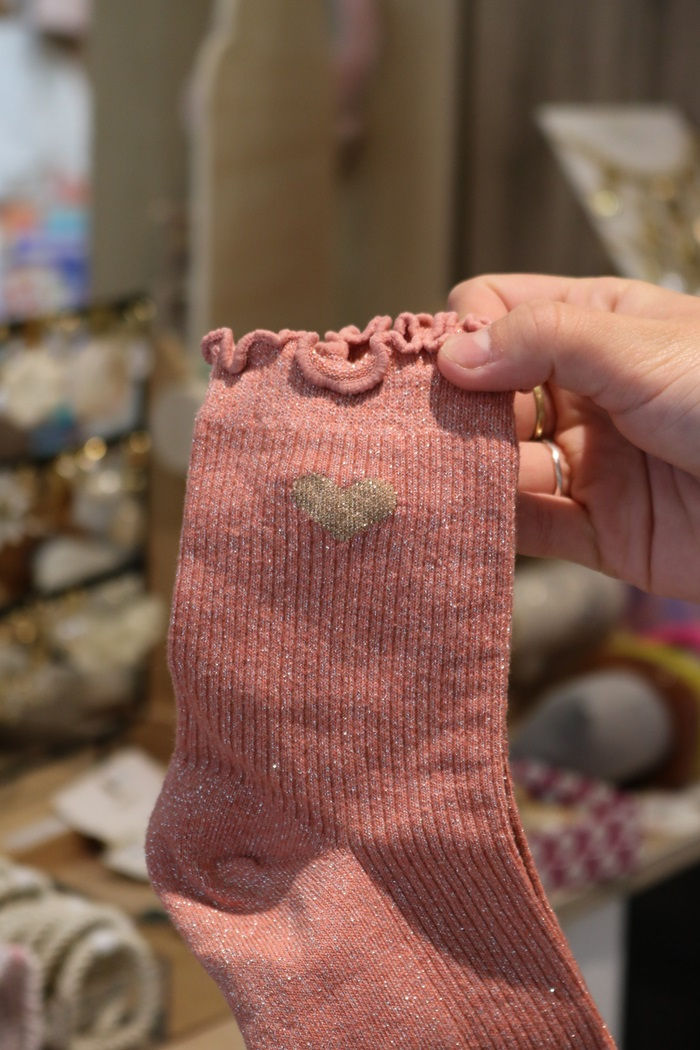 Chaussettes à paillettes originales femme roses cœur doré mile mila