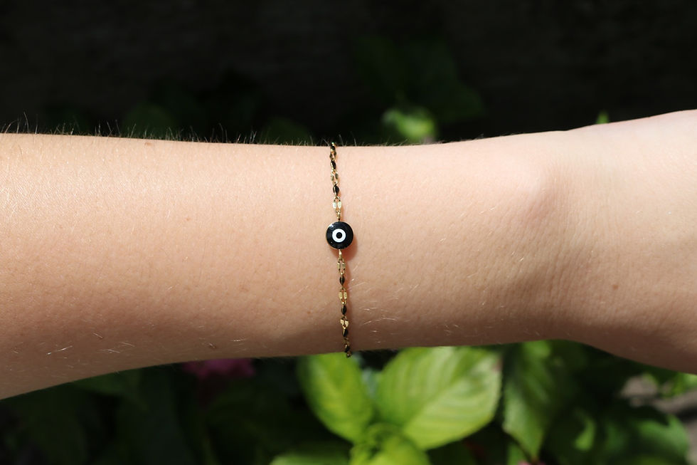 Bracelet original femme acier inoxydable doré, mauvais œil émaillé noir mile mila