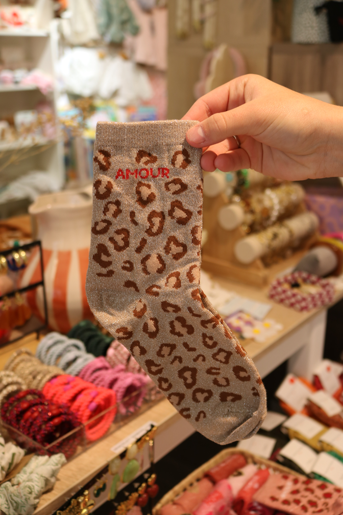 Chaussettes à paillettes originales femme taupe léopard Amour mile mila