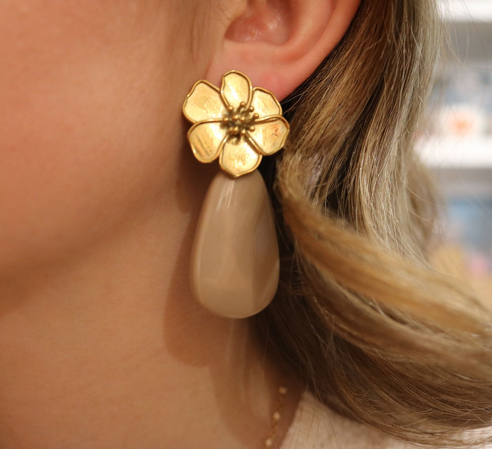 Boucles d'oreilles originales femme en acier inoxydable dorées, fleur résine taupe mile mila