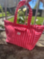 grand sac à main cabas original femme rayé rouge et rose, Bisou bisou