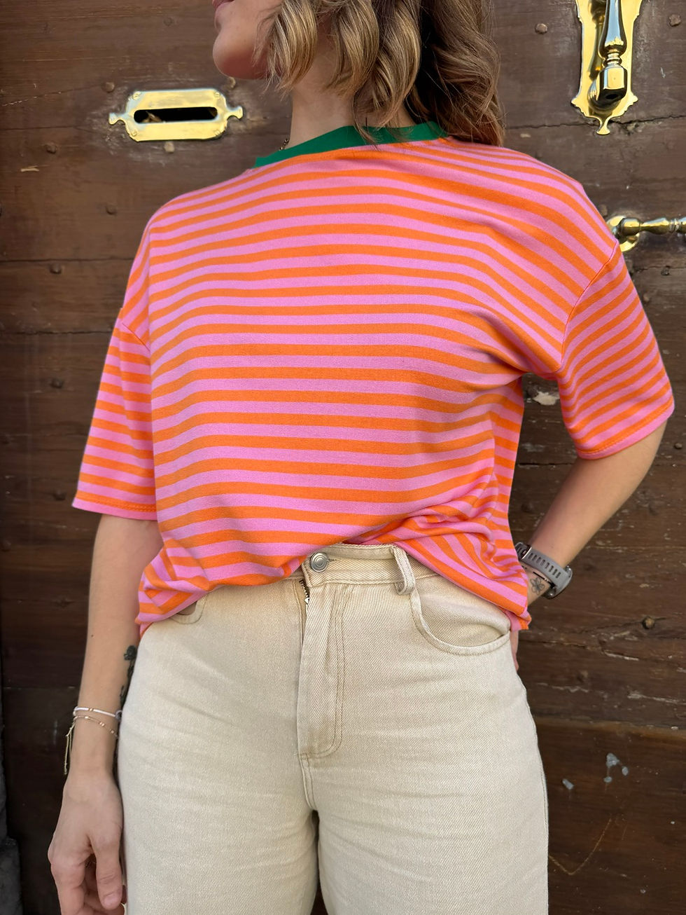 T-shirt original femme rayé orange et rose, Ella
