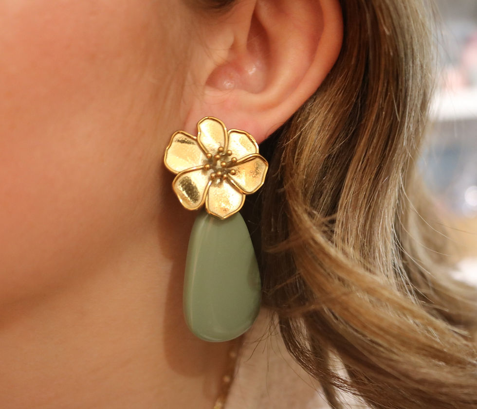 Boucles d'oreilles originales femme en acier inoxydable dorées, fleur résine verte mile mila