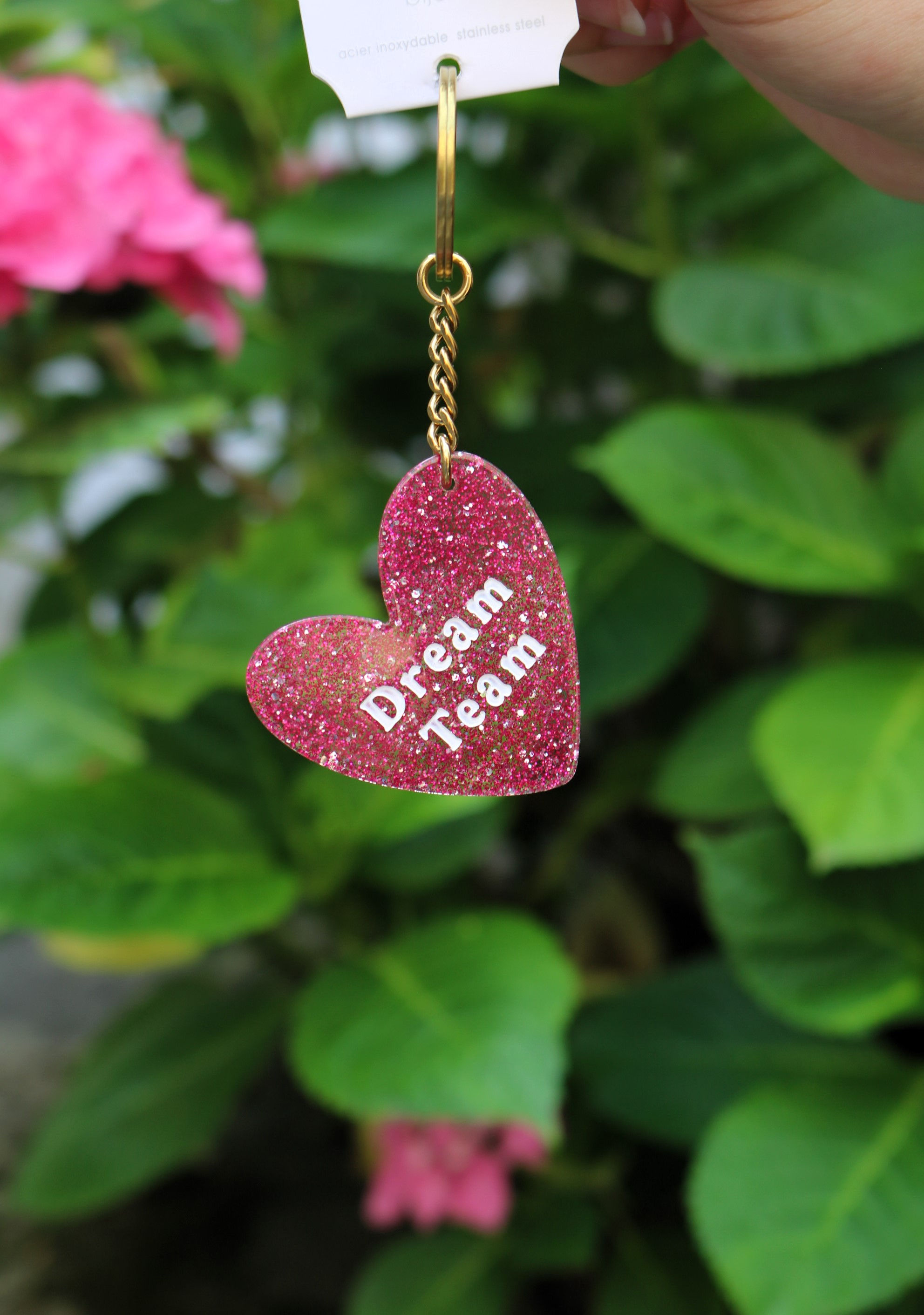 Porte-clés personnalisé cœur paillette violet dream team mile mila