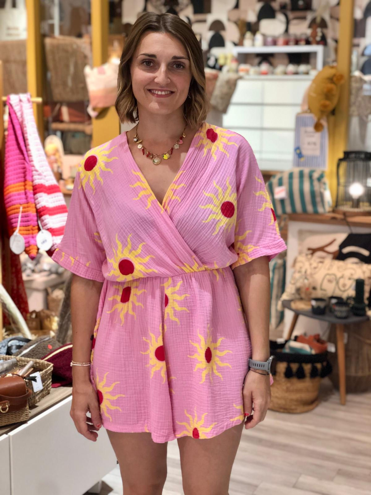 Combishort originale femme gaze de coton rose soleil saison du vent