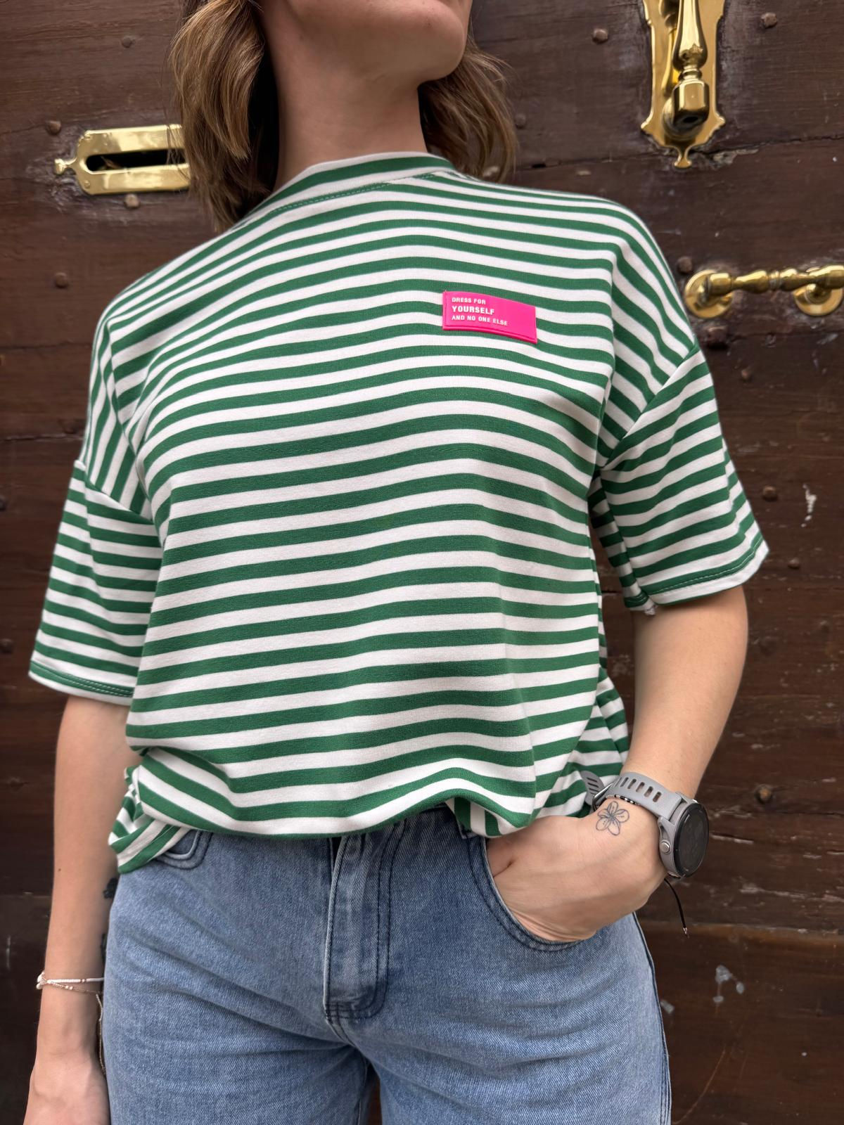 T-shirt original femme manches courtes rayé vert blanc, Romy vivichy