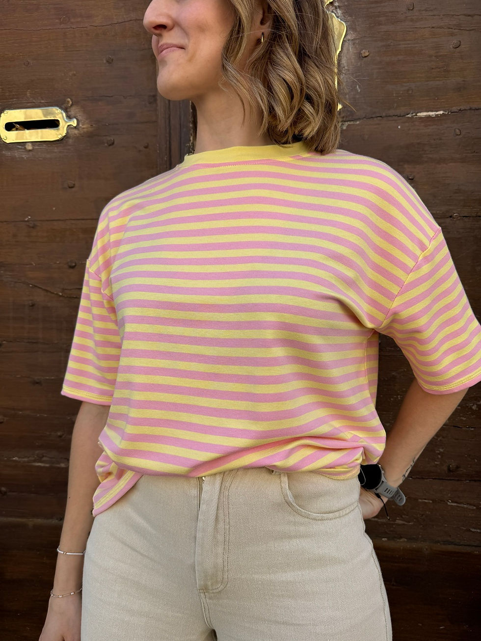 T-shirt original femme rayé jaune et rose, Ella