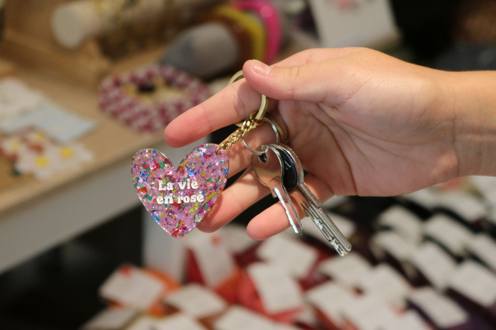 Porte-clés original personnalisé cœur paillette la vie en rose mile mila