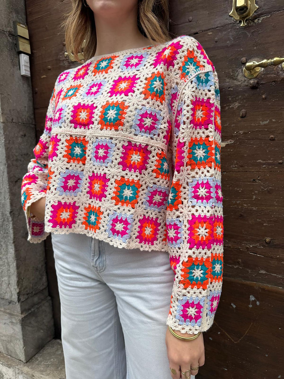 Miniature : T-shirt manches longues original femme en crochet multicolore, Mally in april 1986