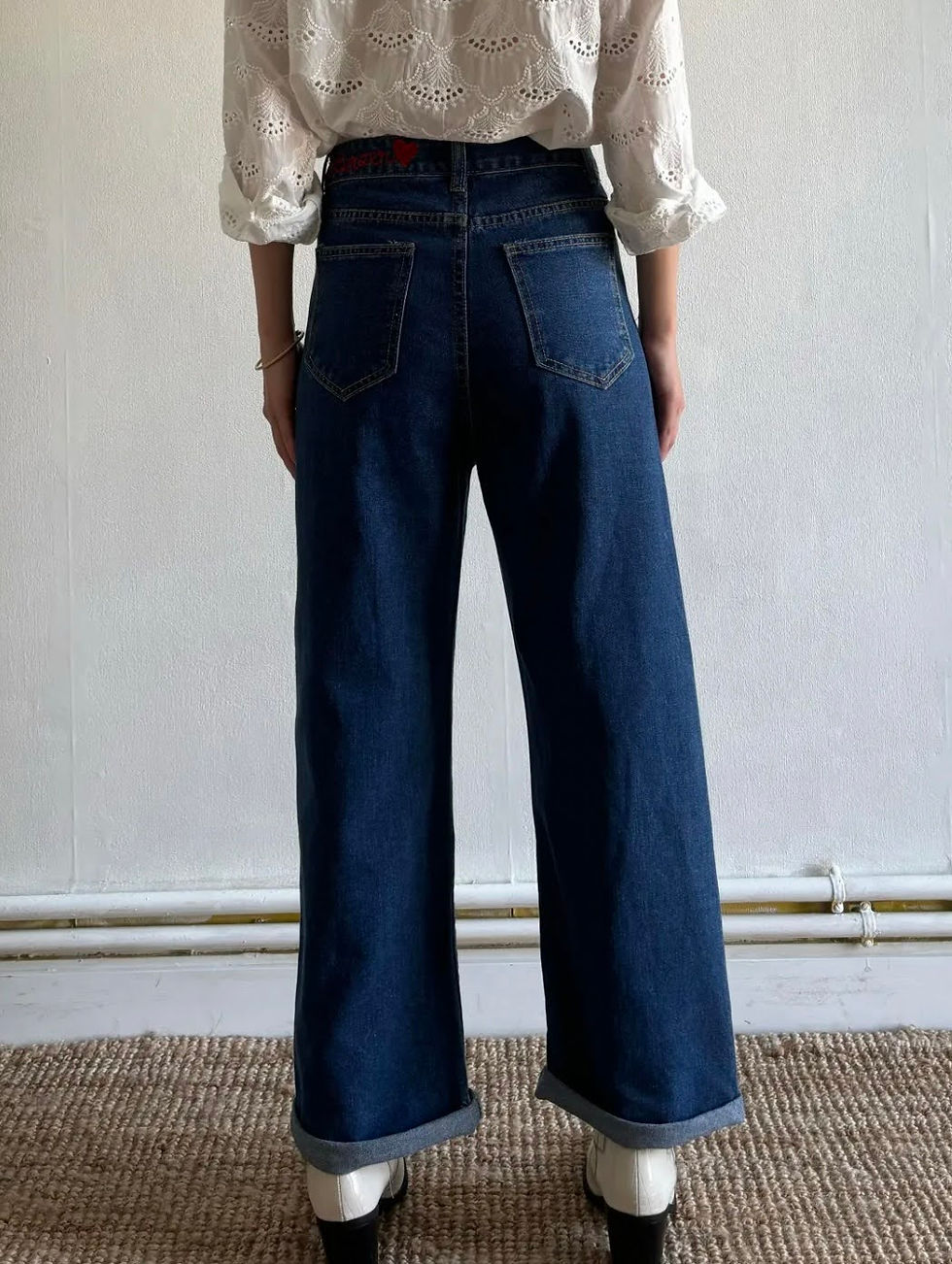 Miniature : Jean droit bleu foncé brodé amour