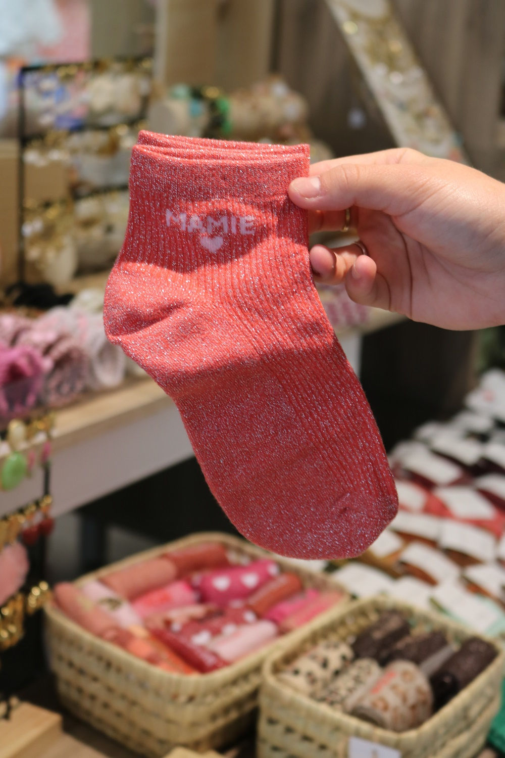 Chaussettes à paillettes courtes originales femme rouges Mamie cœur mile mila