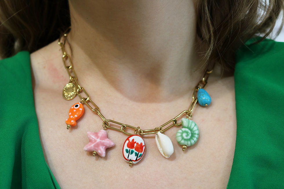 Collier original femme acier inoxydable doré avec breloques, coquillage vert mile mila