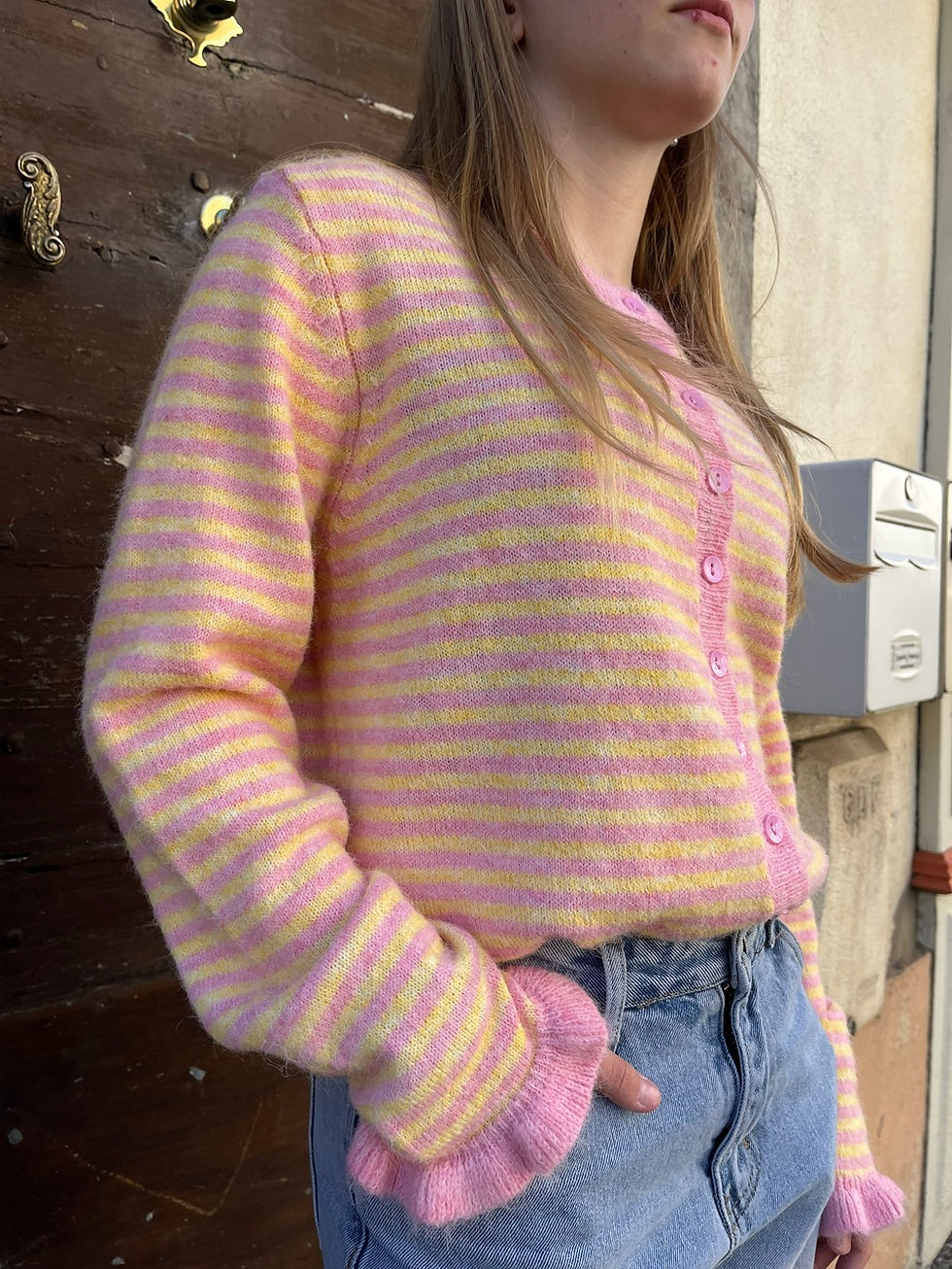 Miniature : Gilet original femme rayé jaune et rose, Lola season